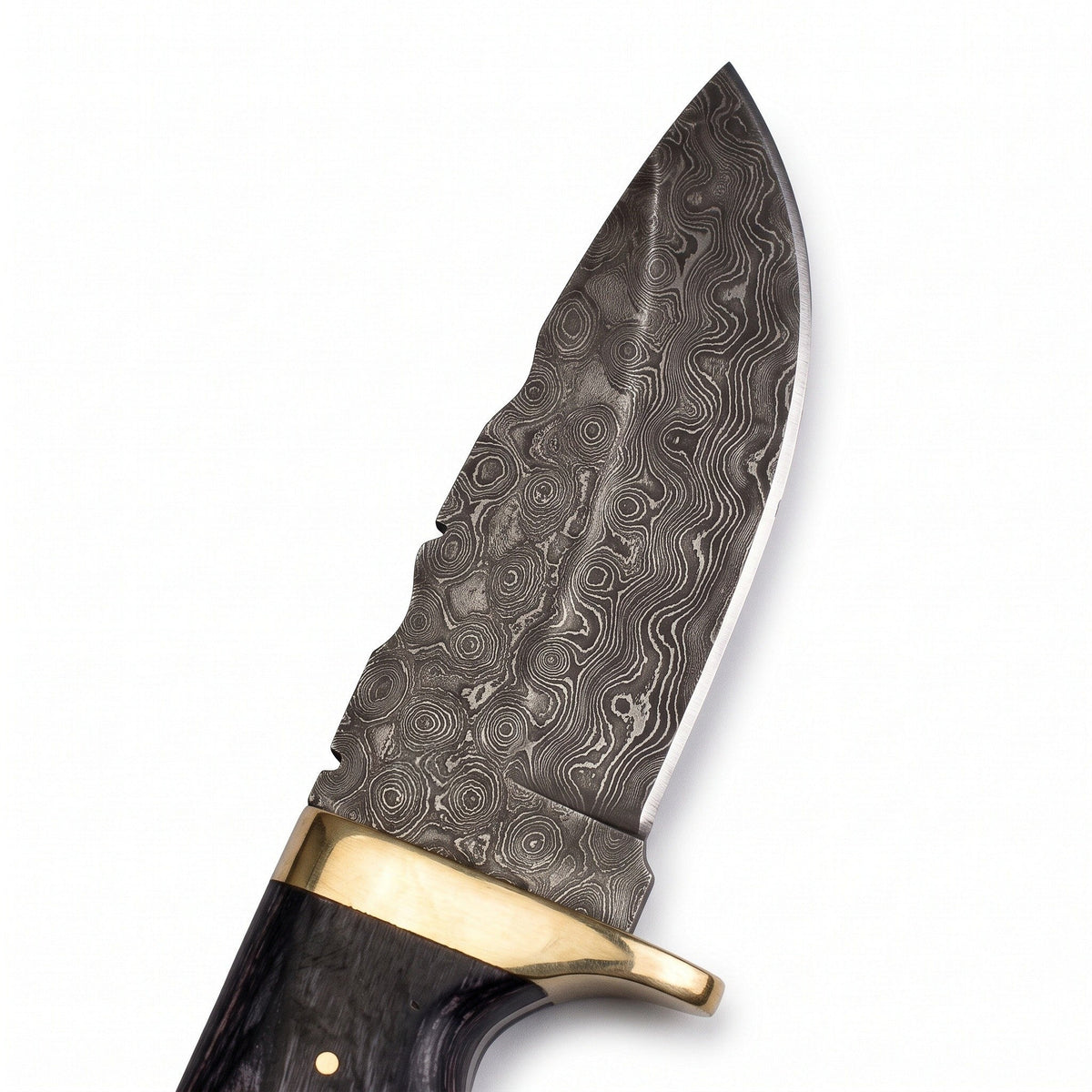 Ridgeback 8.5" Damascus Hunting Knife | Pakkawood & Brass, Damascus blade close-up