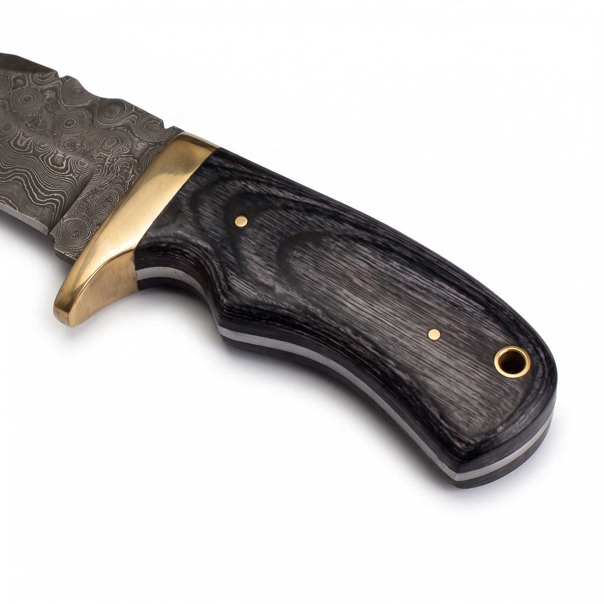 Ridgeback 8.5" Damascus Hunting Knife | Pakkawood & Brass, handle and fittings close-up