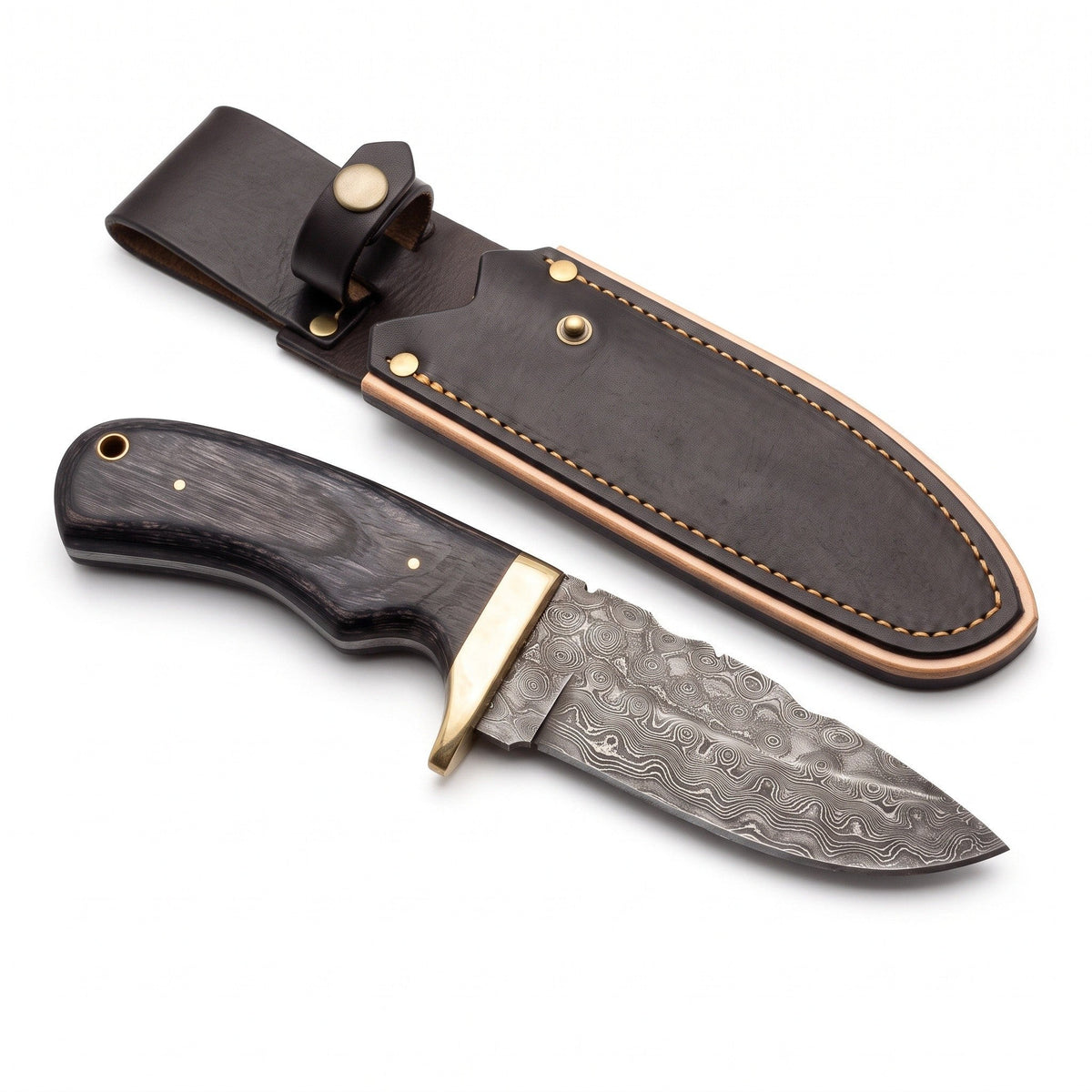 Ridgeback 8.5" Damascus Hunting Knife | Pakkawood & Brass, three-quarter view with the Crownridge sheath