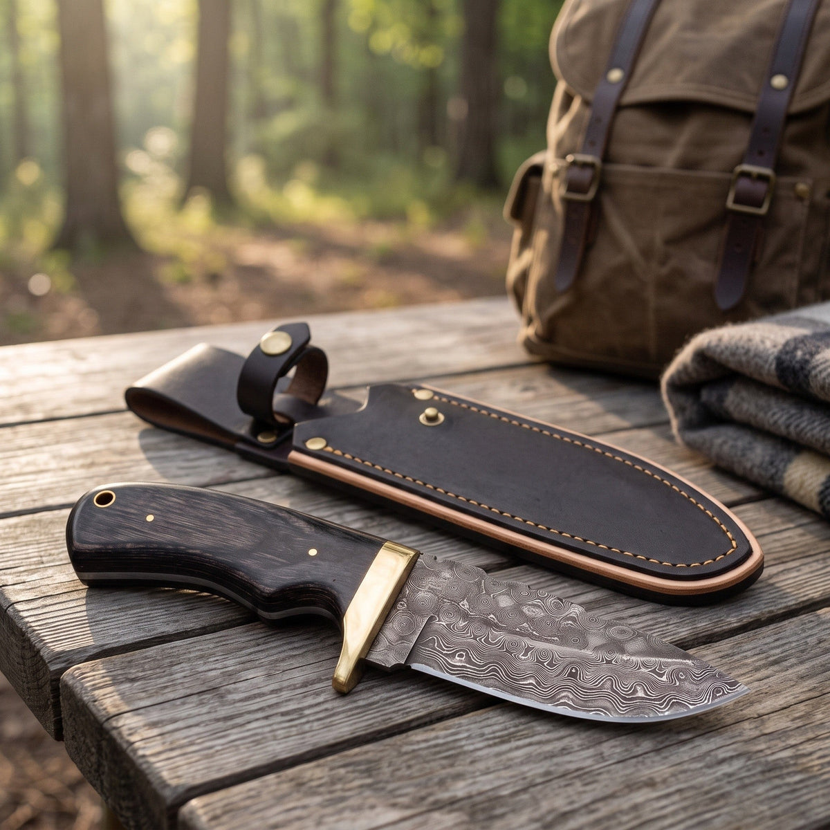 Ridgeback 8.5" Damascus Hunting Knife | Pakkawood & Brass, with the Crownridge sheath in use
