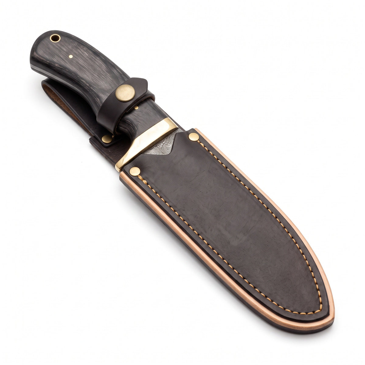 Ridgeback 8.5" Damascus Hunting Knife | Pakkawood & Brass, seated in the Crownridge sheath