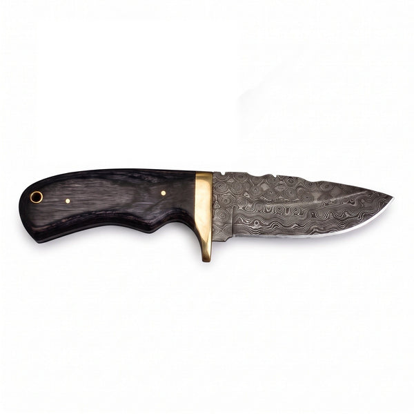 Ridgeback 8.5" Damascus Hunting Knife | Pakkawood & Brass, side profile on white