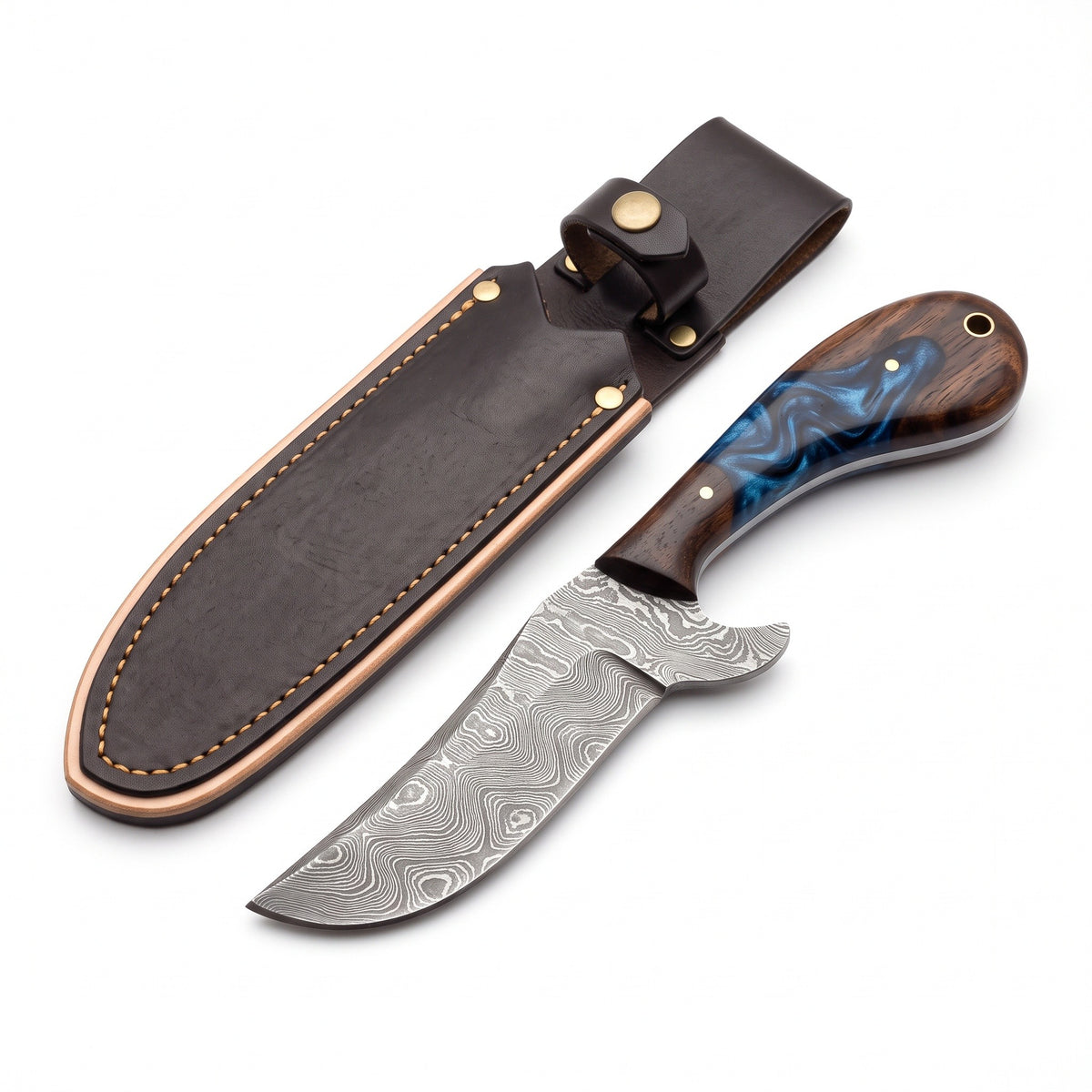 Ridgeback 8.5" Damascus Hunting Knife | Resin, three-quarter view with the Crownridge sheath