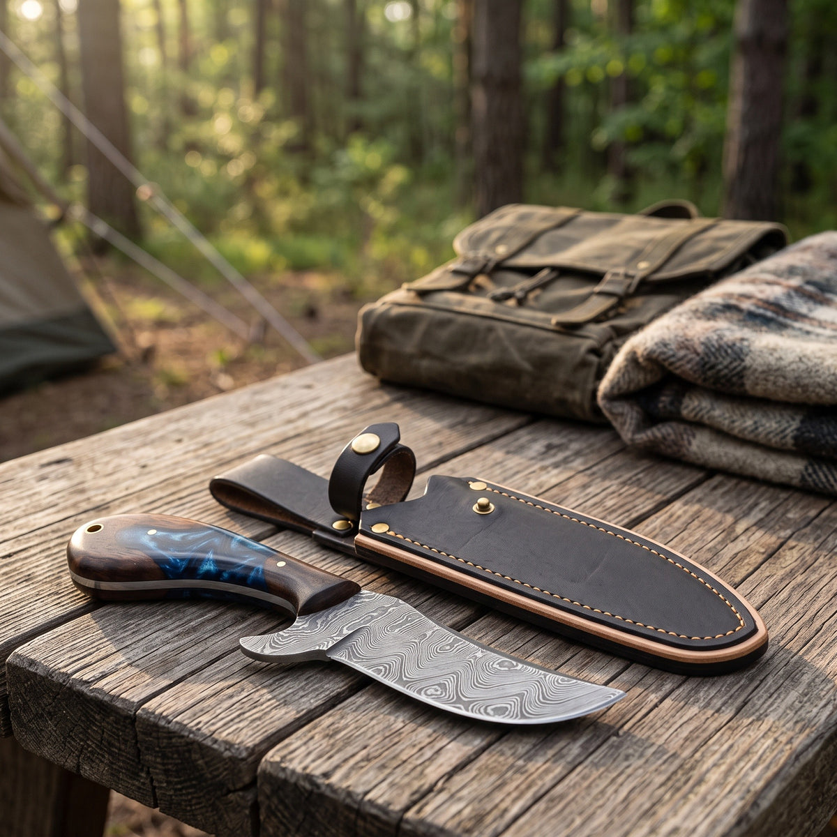 Ridgeback 8.5" Damascus Hunting Knife | Resin, with the Crownridge sheath in use