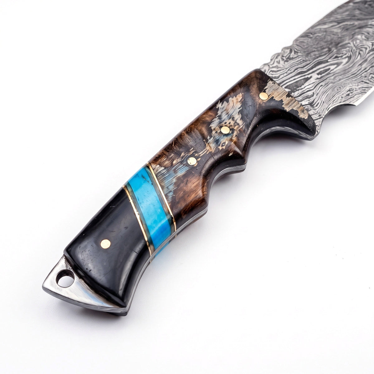 Ridgeback 8.7" Damascus Gut Hook Knife | Horn & Turquoise, handle and fittings close-up