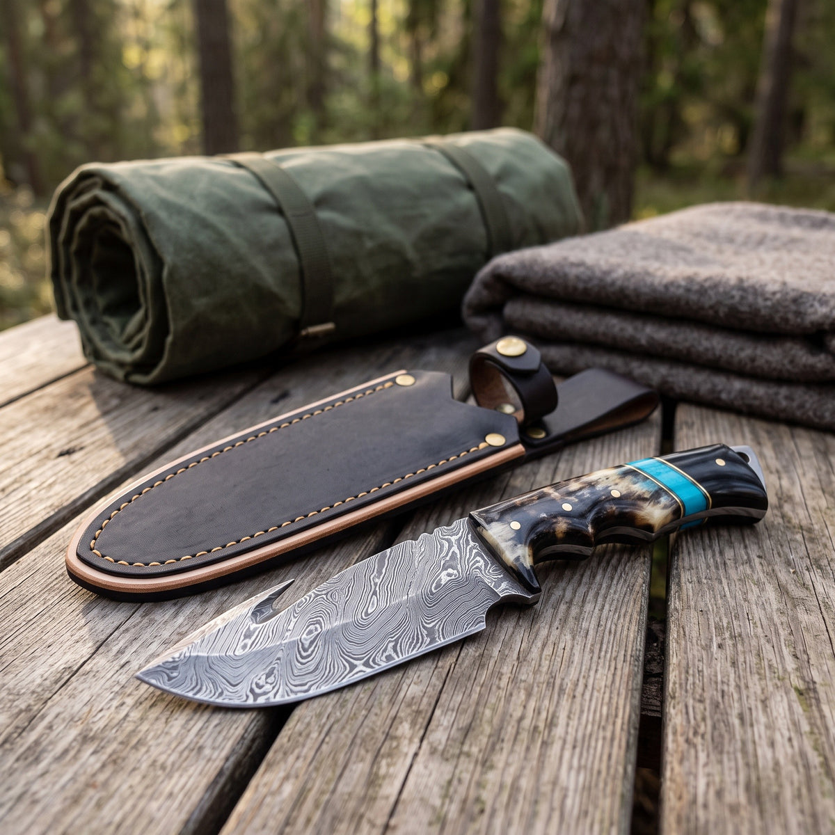Ridgeback 8.7" Damascus Gut Hook Knife | Horn & Turquoise, with the Crownridge sheath in use