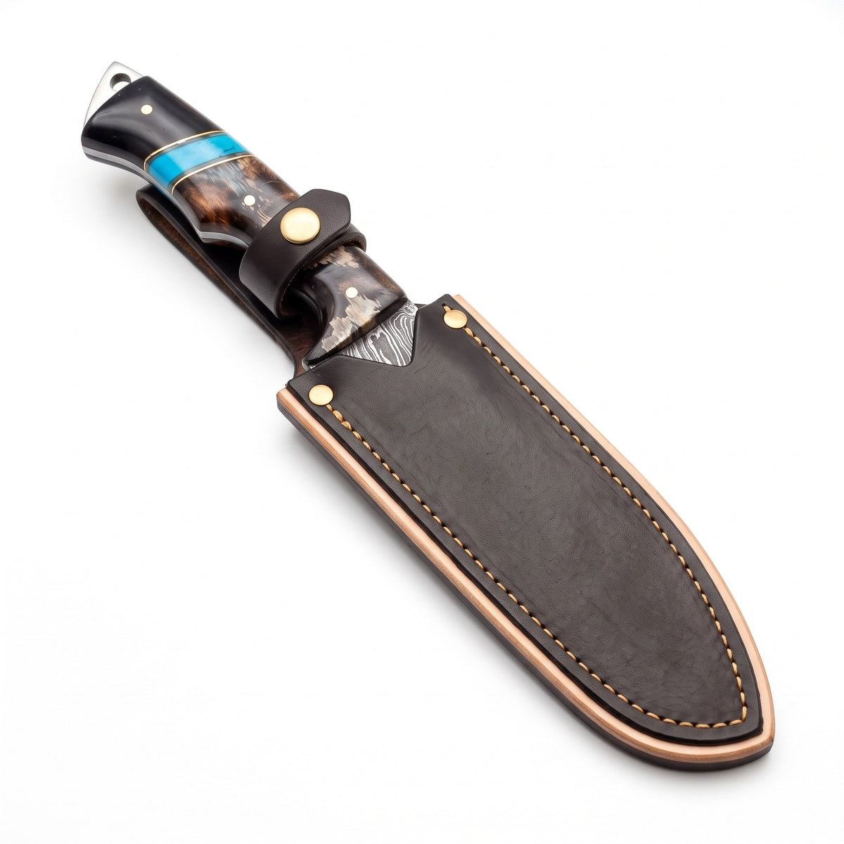 Ridgeback 8.7" Damascus Gut Hook Knife | Horn & Turquoise, seated in the Crownridge sheath