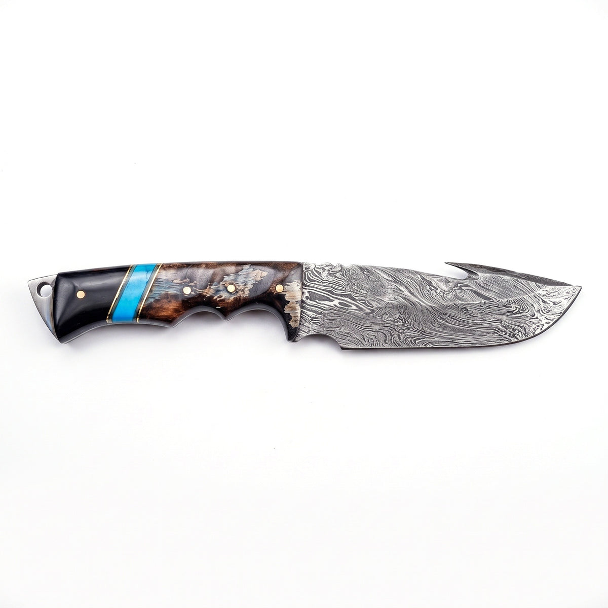 Ridgeback 8.7" Damascus Gut Hook Knife | Horn & Turquoise, side profile on white