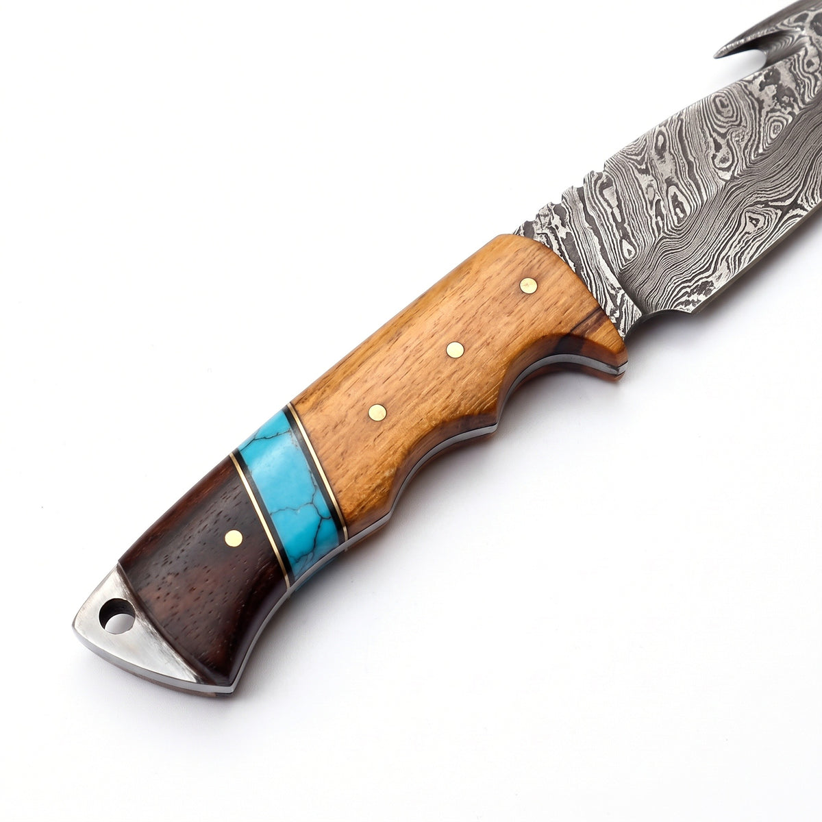 Ridgeback 8.7" Damascus Gut Hook Knife | Resin, handle and fittings close-up