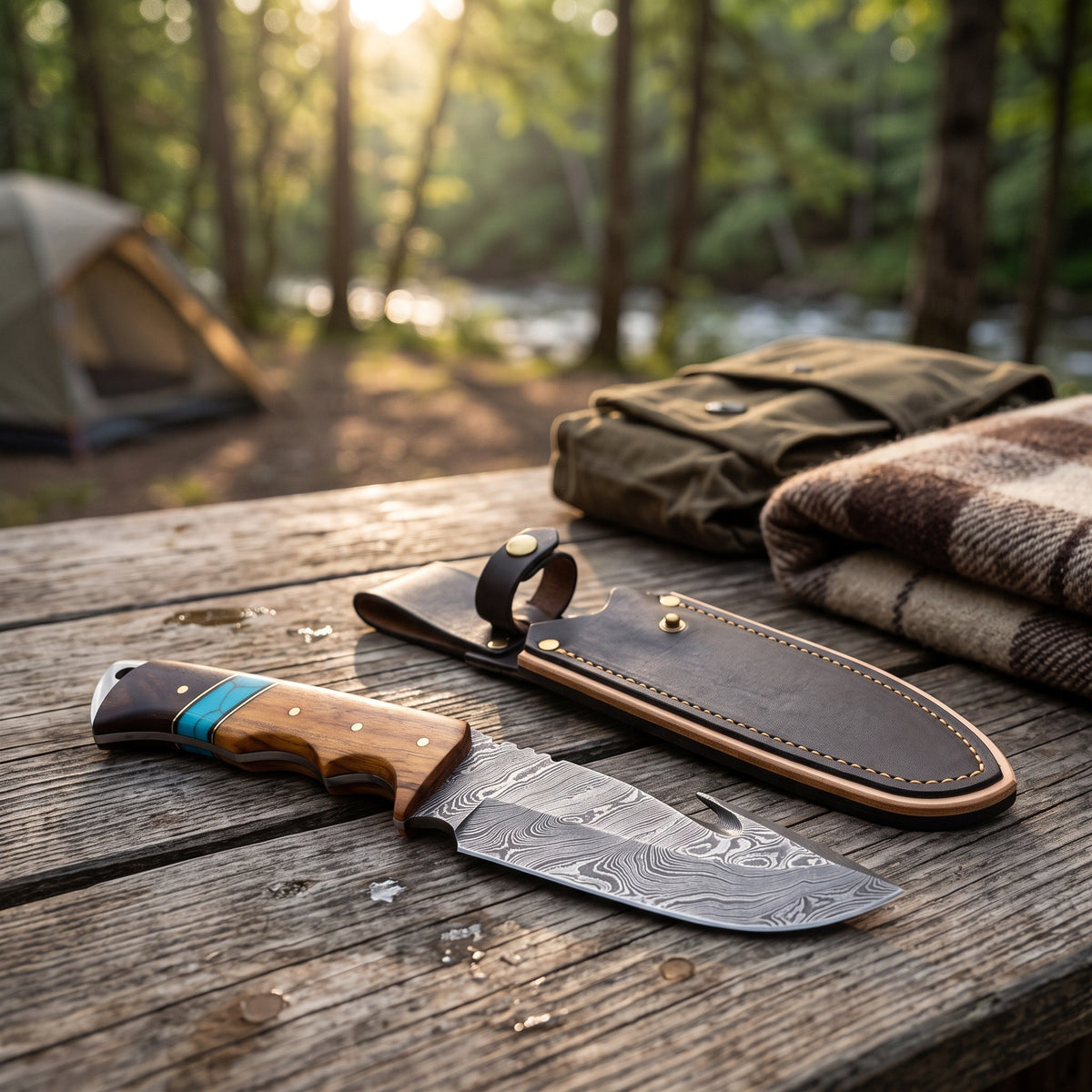 Ridgeback 8.7" Damascus Gut Hook Knife | Resin, with the Crownridge sheath in use