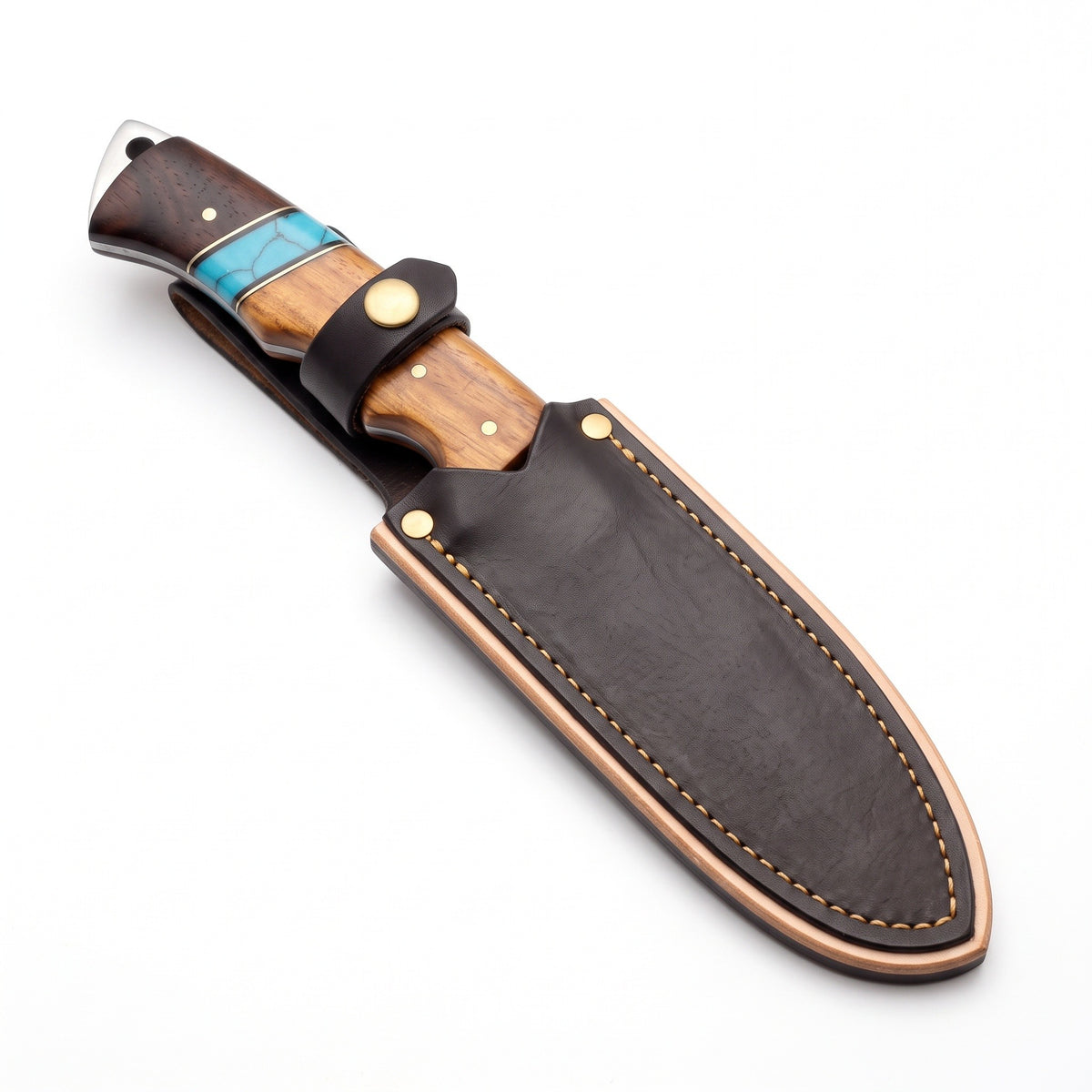 Ridgeback 8.7" Damascus Gut Hook Knife | Resin, seated in the Crownridge sheath