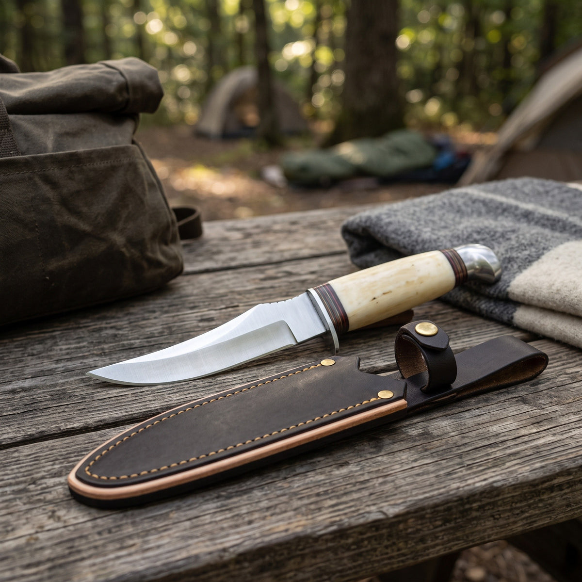 Ridgeback 8.5" Carbon Steel Hunting Knife | Bone & Brass, with the Crownridge sheath in use