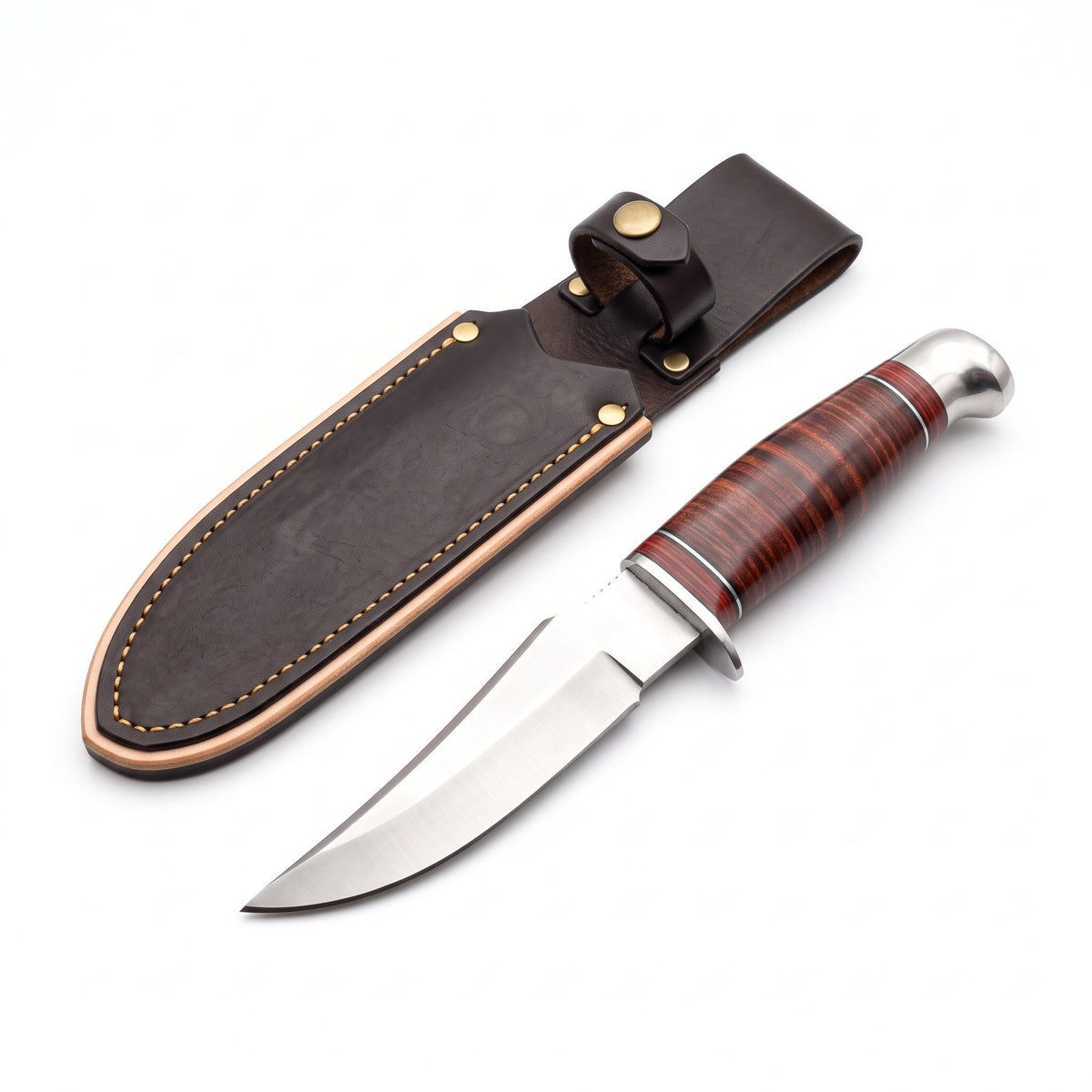 Ridgeback 8" Carbon Steel Hunting Knife | Hardwood, three-quarter view with the Crownridge sheath