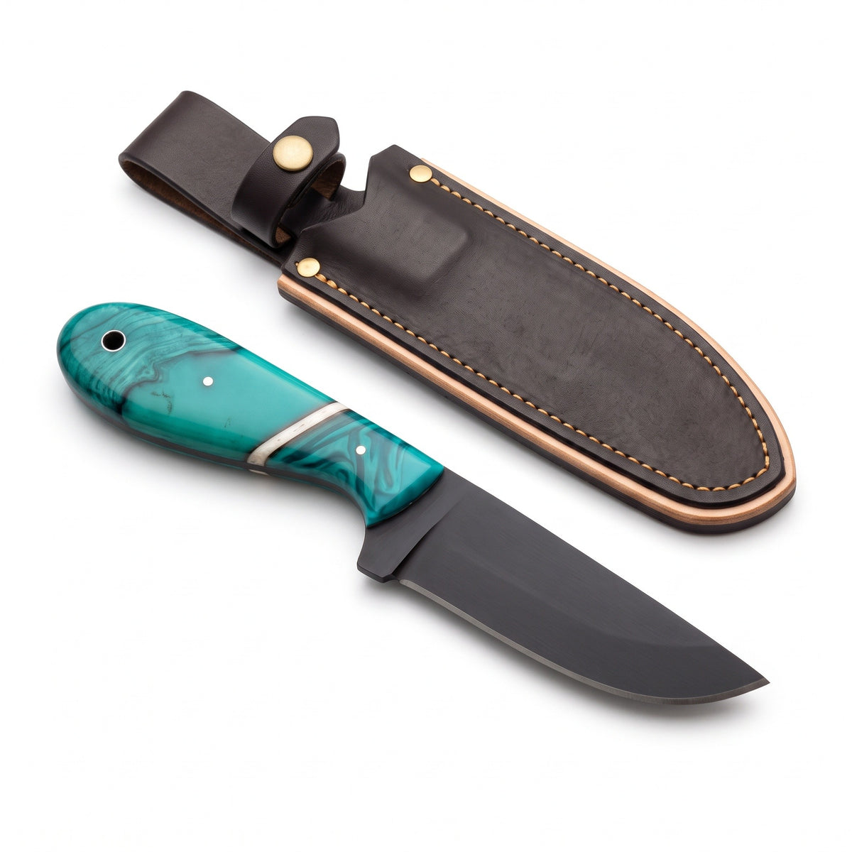 Ridgeback 8.5" Carbon Steel Hunting Knife | Turquoise, three-quarter view with the Crownridge sheath
