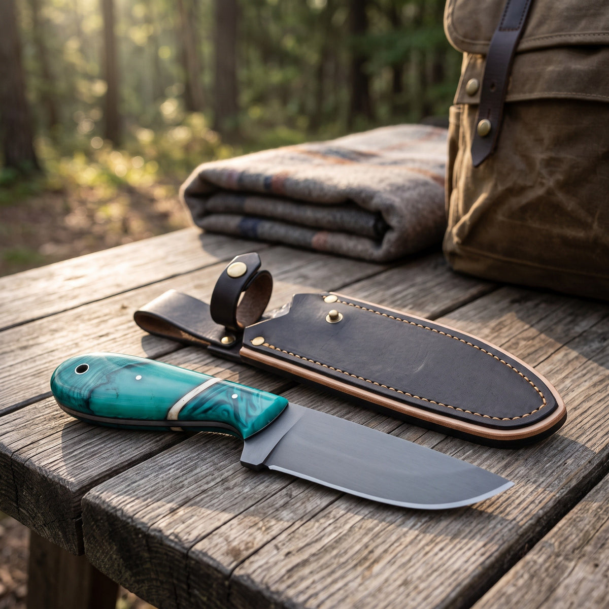 Ridgeback 8.5" Carbon Steel Hunting Knife | Turquoise, with the Crownridge sheath in use