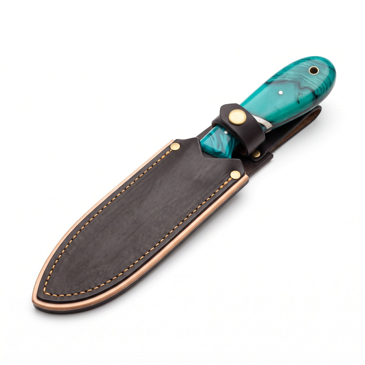 Ridgeback 8.5" Carbon Steel Hunting Knife | Turquoise, seated in the Crownridge sheath