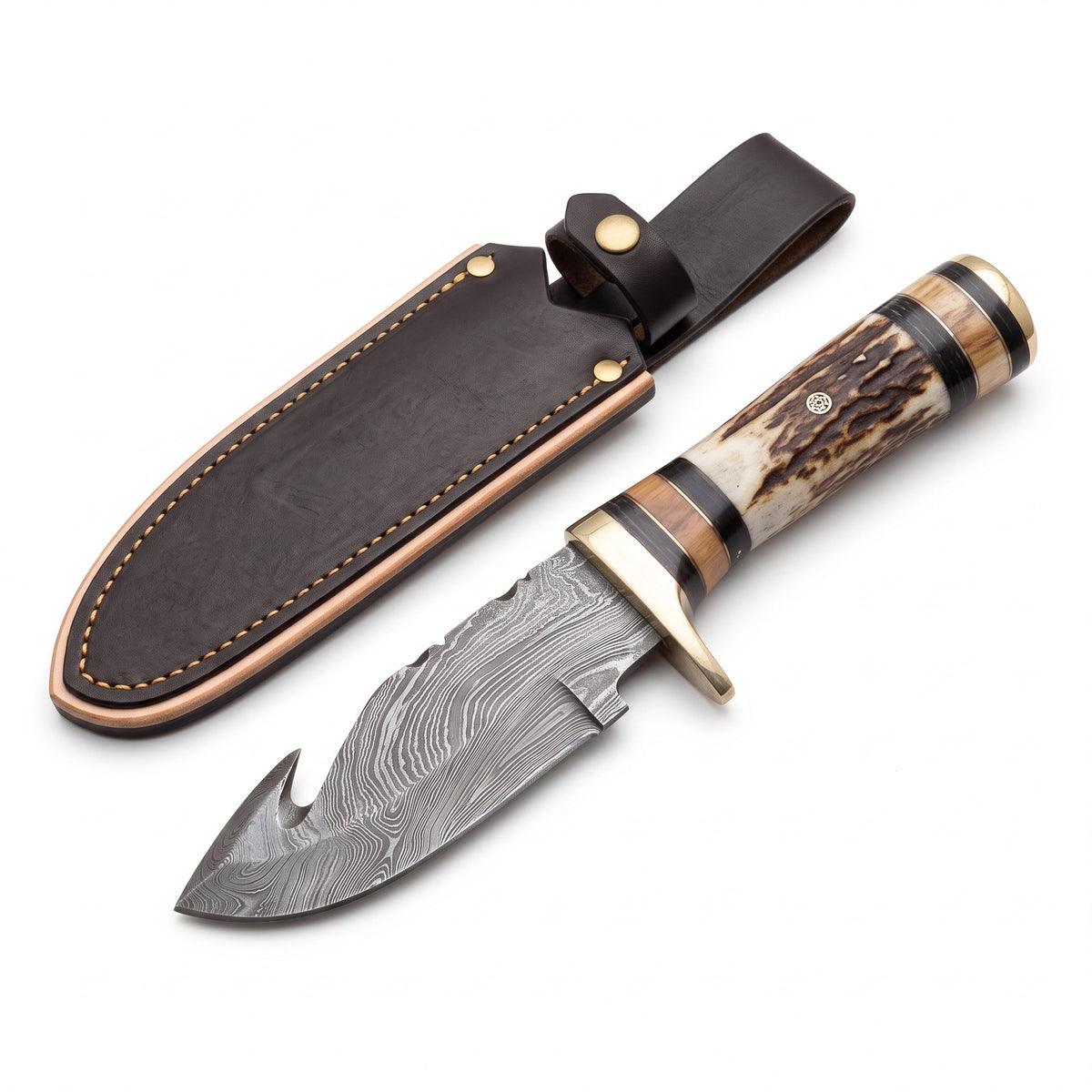 Ridgeback 8" Damascus Gut Hook Knife | Stag, three-quarter view with the Crownridge sheath