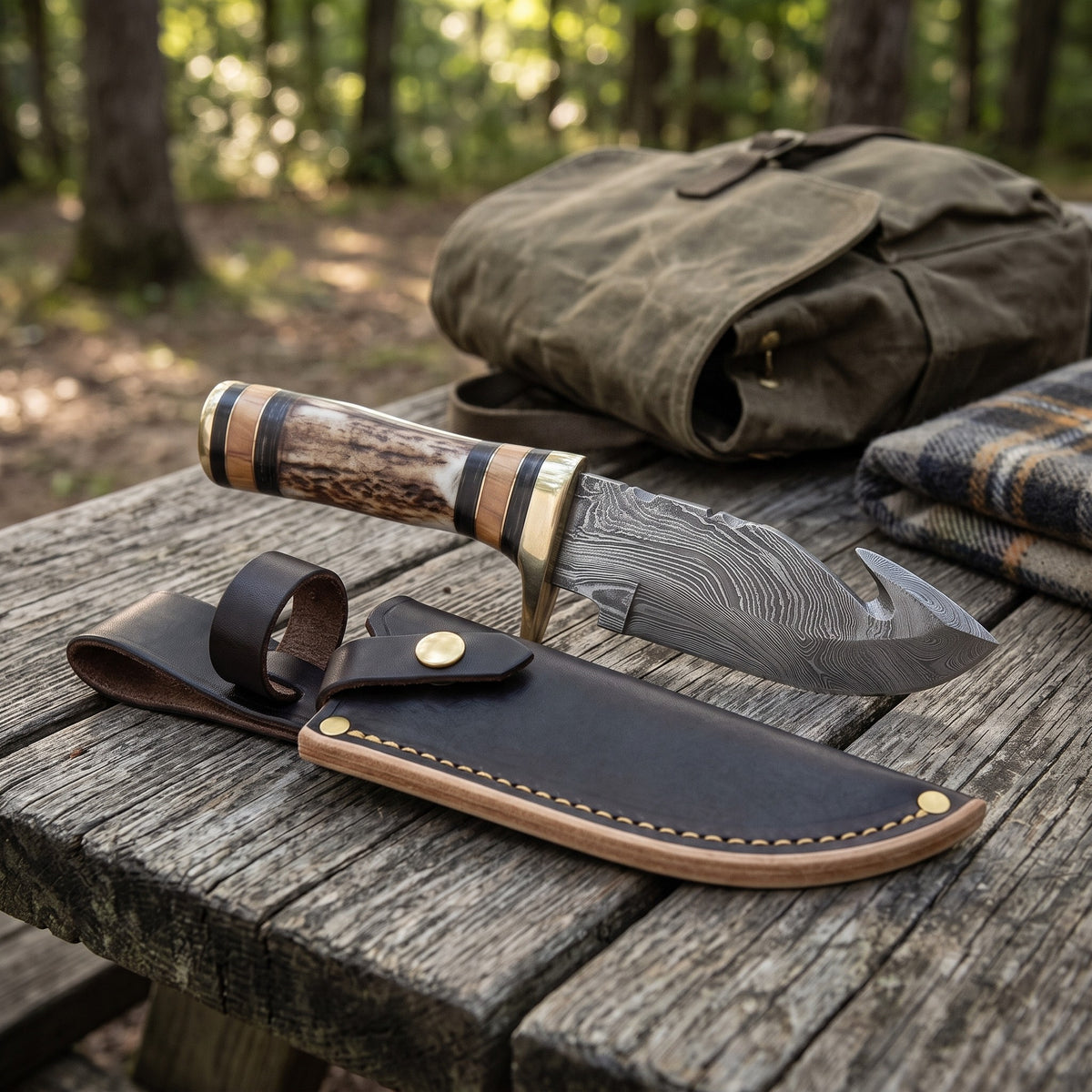Ridgeback 8" Damascus Gut Hook Knife | Stag, with the Crownridge sheath in use