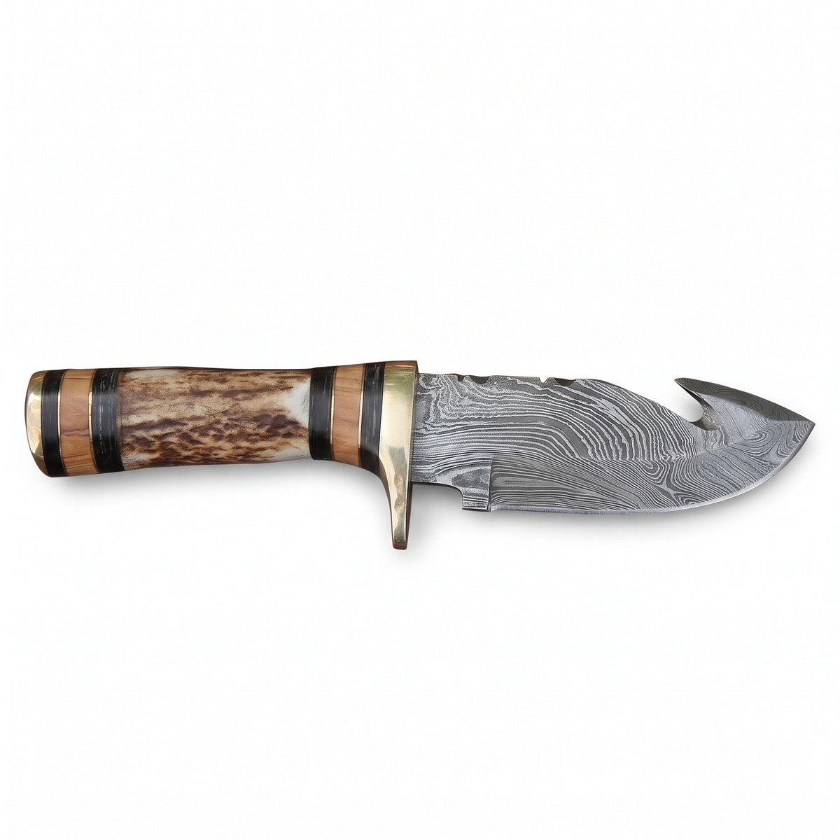 Ridgeback 8" Damascus Gut Hook Knife | Stag, side profile on white