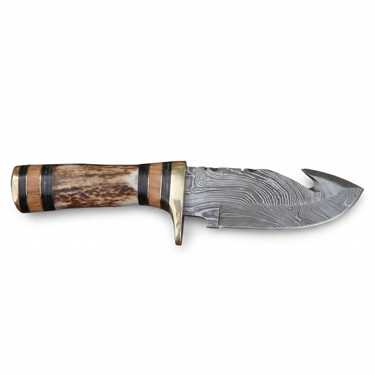Ridgeback 8" Damascus Gut Hook Knife | Stag, side profile on white
