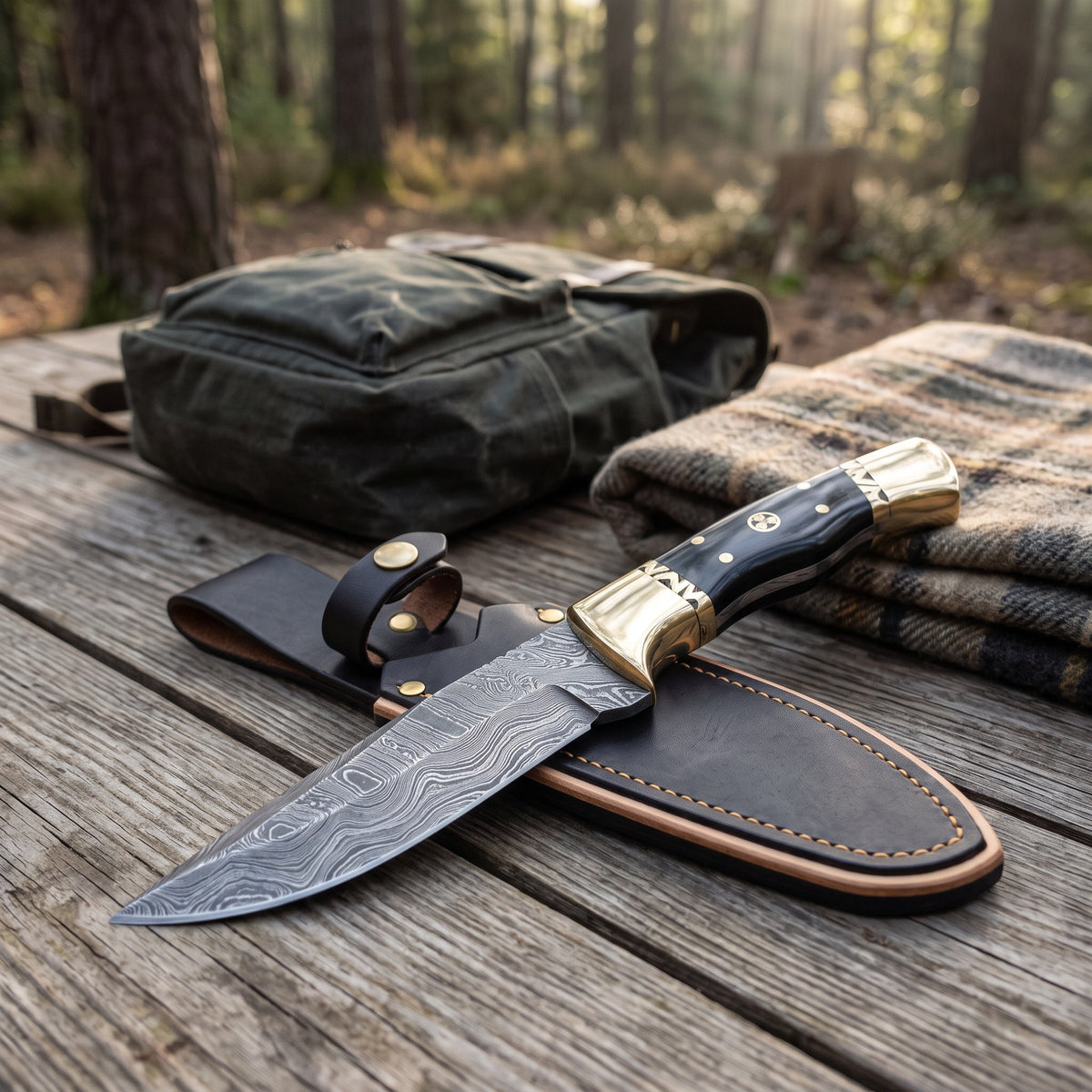 Ridgeback 8" Damascus Hunting Knife | Buffalo Horn & Brass, with the Crownridge sheath in use