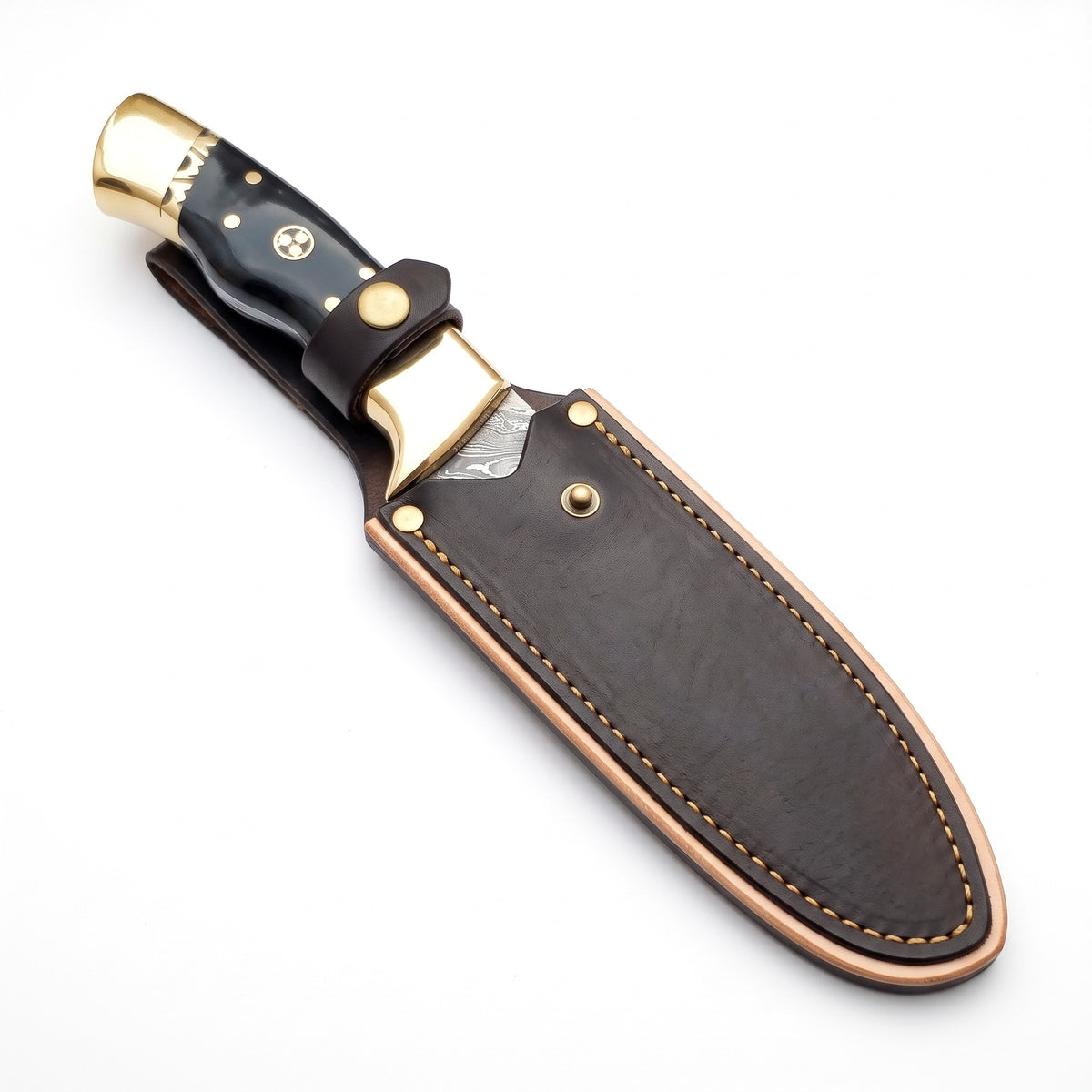 Ridgeback 8" Damascus Hunting Knife | Buffalo Horn & Brass, seated in the Crownridge sheath