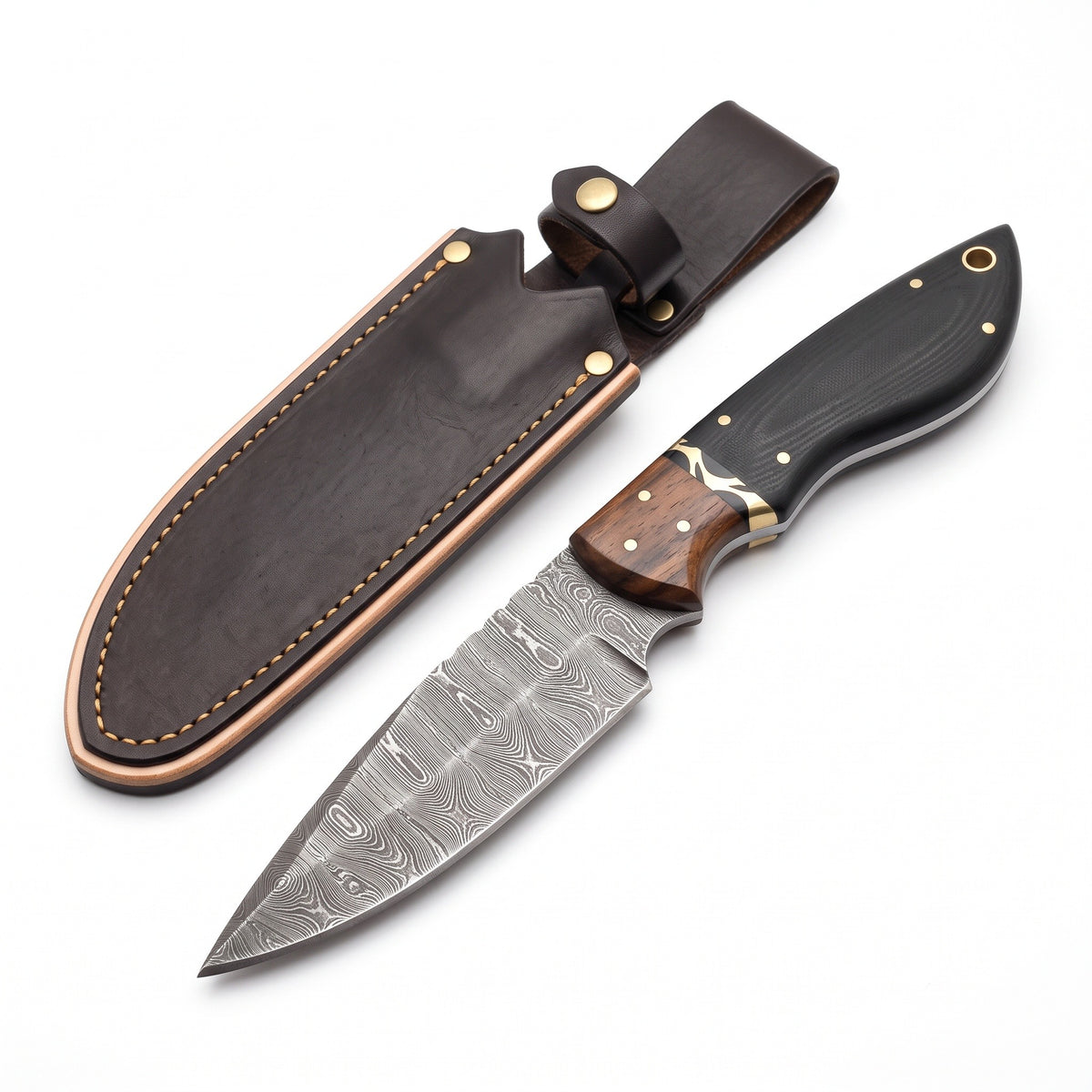 Ridgeback 8" Damascus Hunting Knife | G10, three-quarter view with the Crownridge sheath