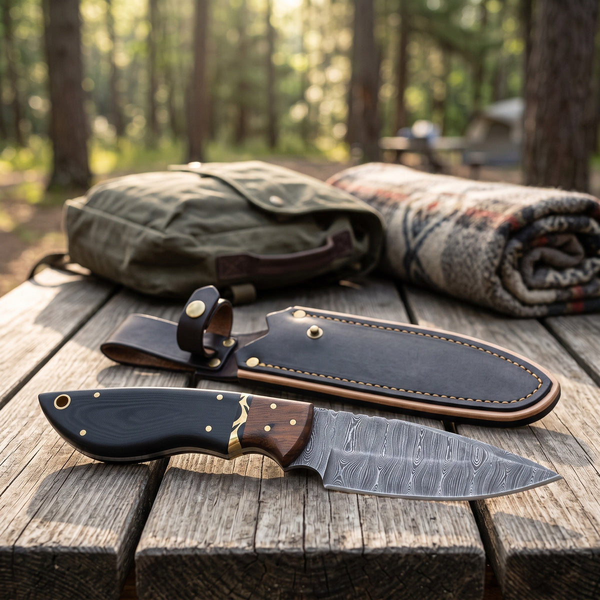 Ridgeback 8" Damascus Hunting Knife | G10, with the Crownridge sheath in use
