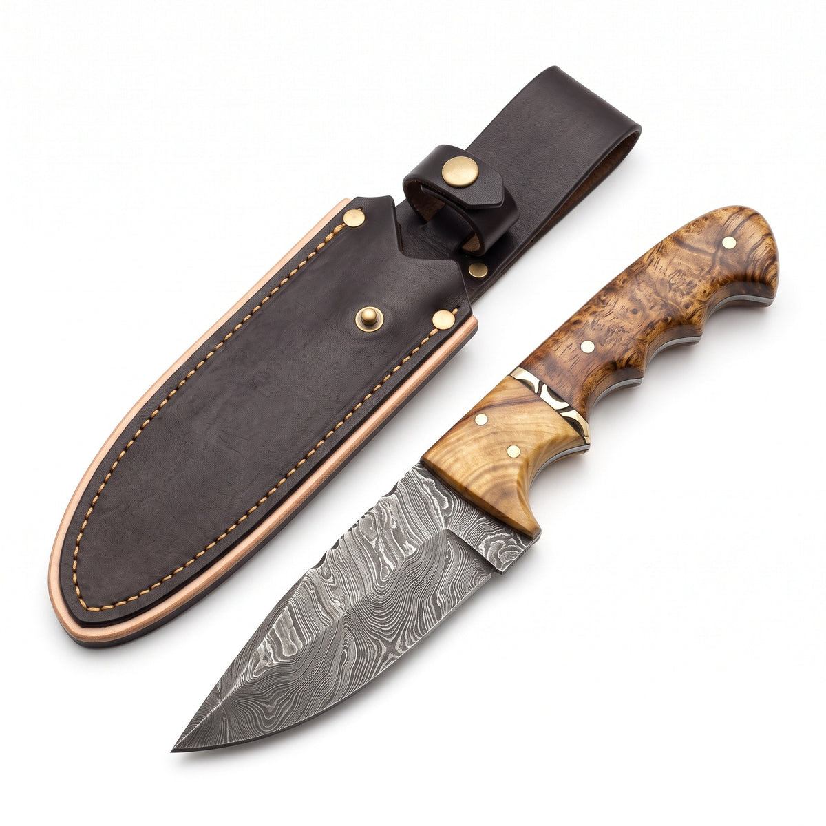 Ridgeback 8" Damascus Hunting Knife | Hardwood, three-quarter view with the Crownridge sheath