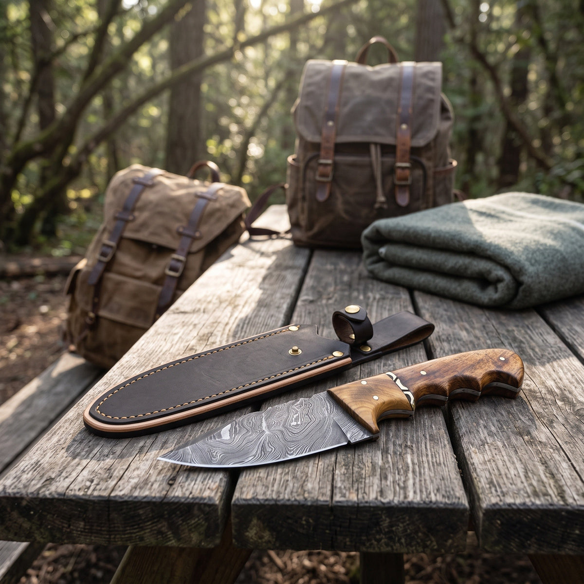 Ridgeback 8" Damascus Hunting Knife | Hardwood, with the Crownridge sheath in use