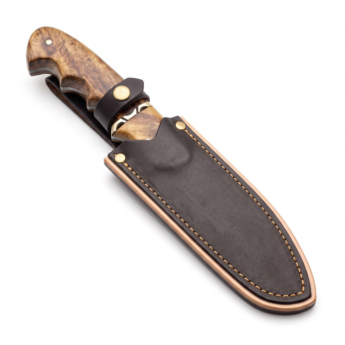 Ridgeback 8" Damascus Hunting Knife | Hardwood, seated in the Crownridge sheath