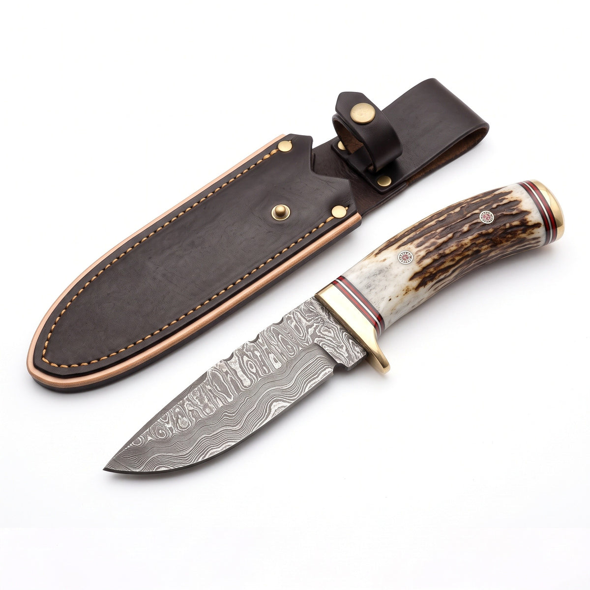 Ridgeback 8" Damascus Hunting Knife | Stag & Brass, three-quarter view with the Crownridge sheath