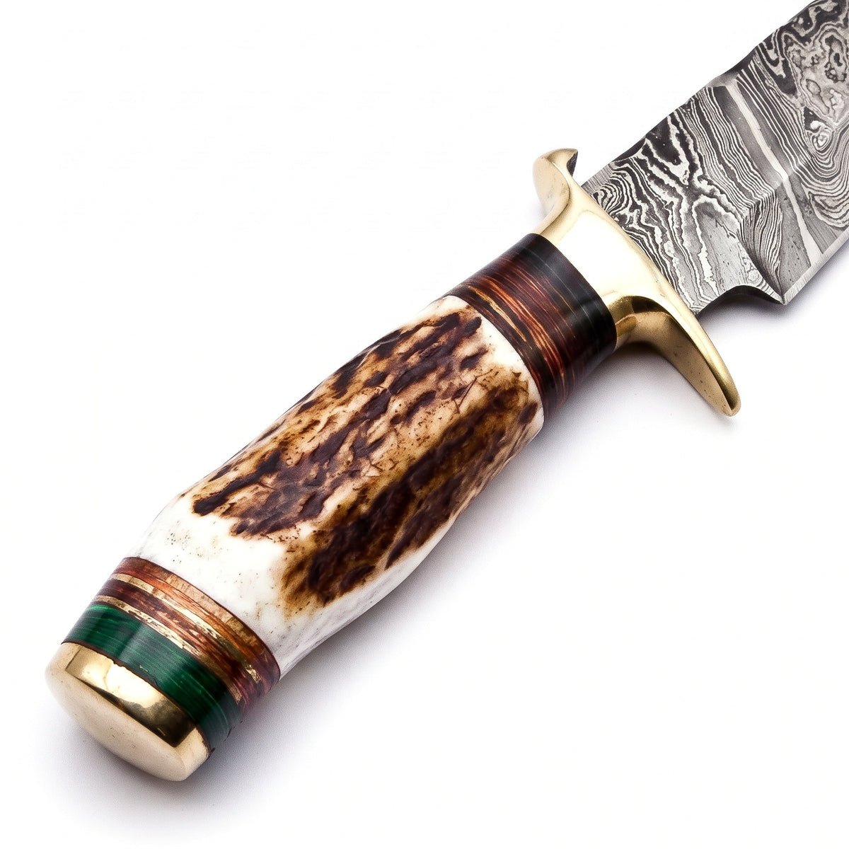 Ridgeback 8" Damascus Hunting Knife | Stag & Brass II, handle and fittings close-up