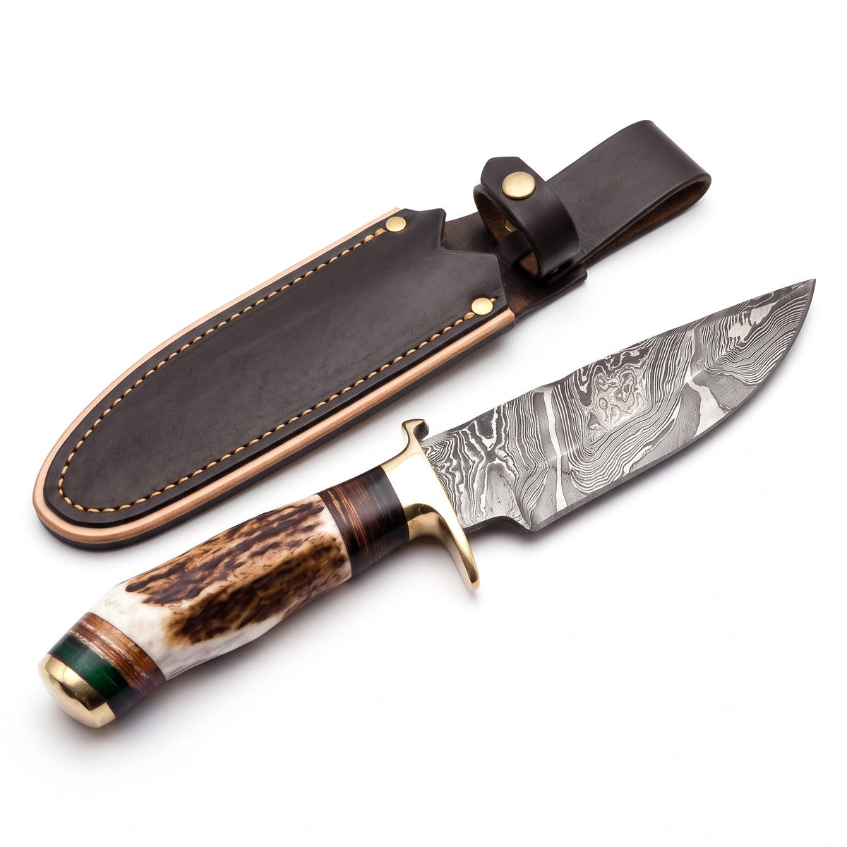 Ridgeback 8" Damascus Hunting Knife | Stag & Brass II, three-quarter view with the Crownridge sheath