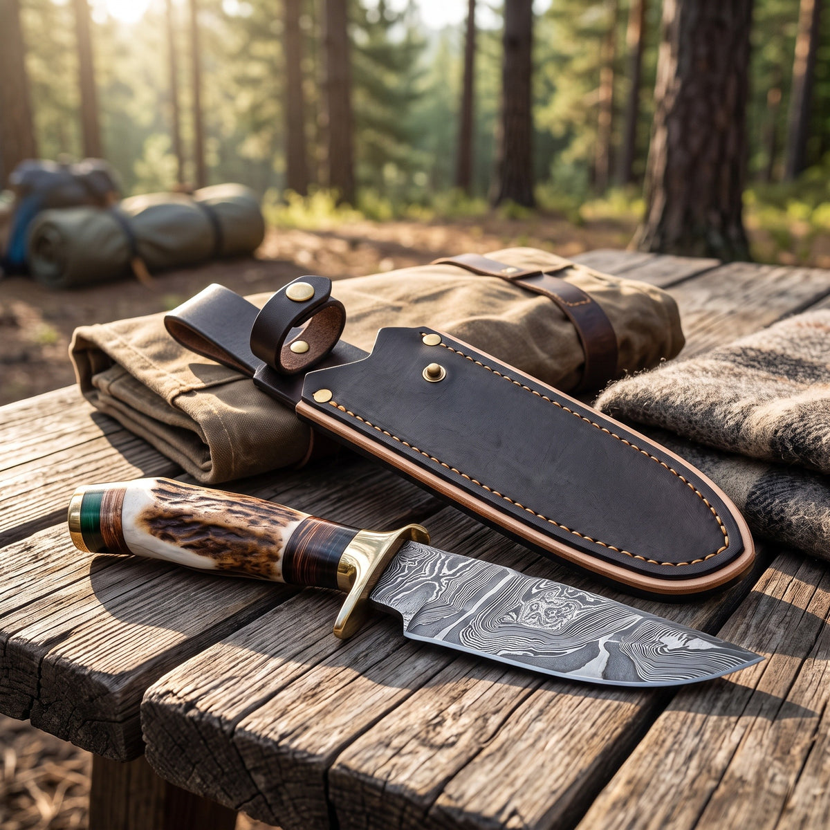 Ridgeback 8" Damascus Hunting Knife | Stag & Brass II, with the Crownridge sheath in use
