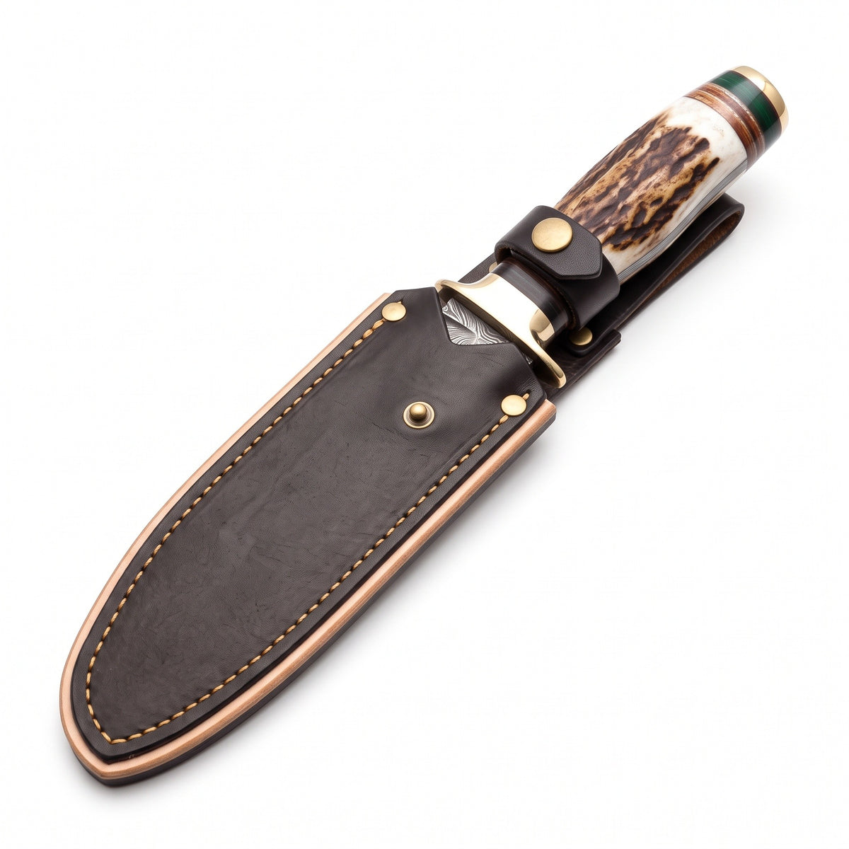 Ridgeback 8" Damascus Hunting Knife | Stag & Brass II, seated in the Crownridge sheath