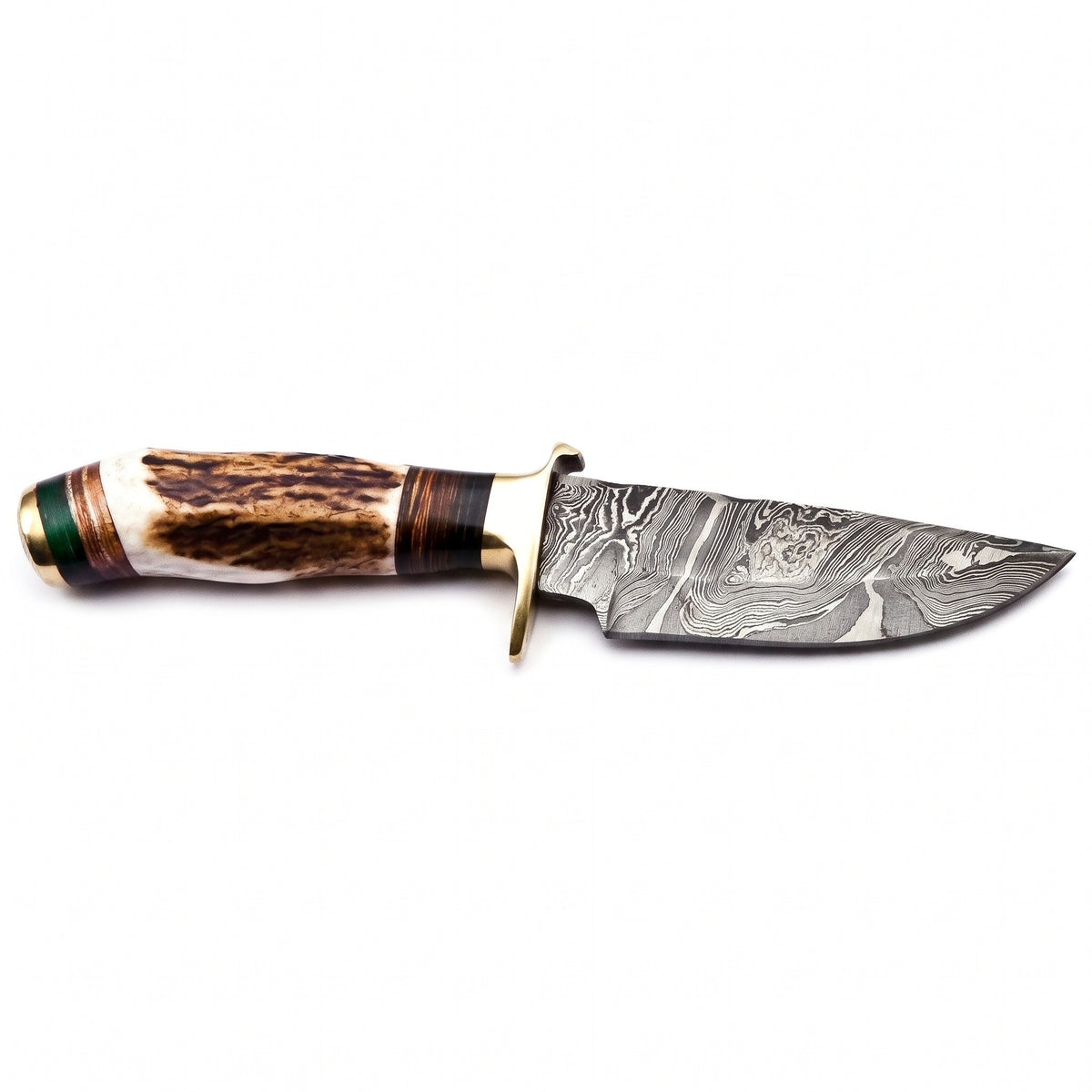 Ridgeback 8" Damascus Hunting Knife | Stag & Brass II, side profile on white