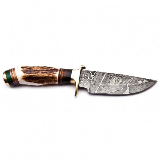 Ridgeback 8" Damascus Hunting Knife | Stag & Brass II, side profile on white