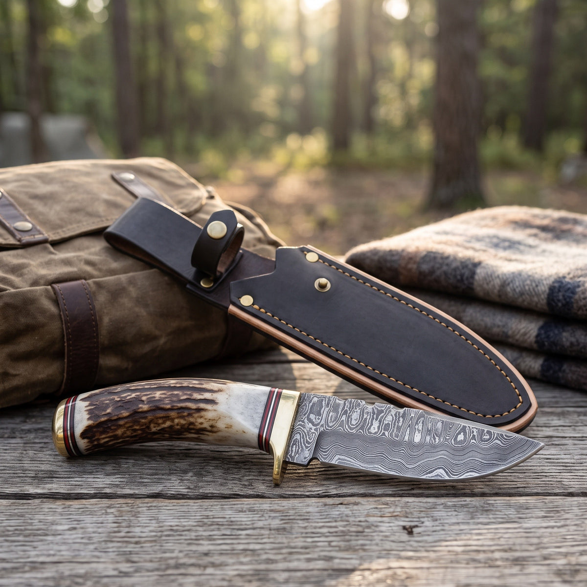 Ridgeback 8" Damascus Hunting Knife | Stag & Brass, with the Crownridge sheath in use
