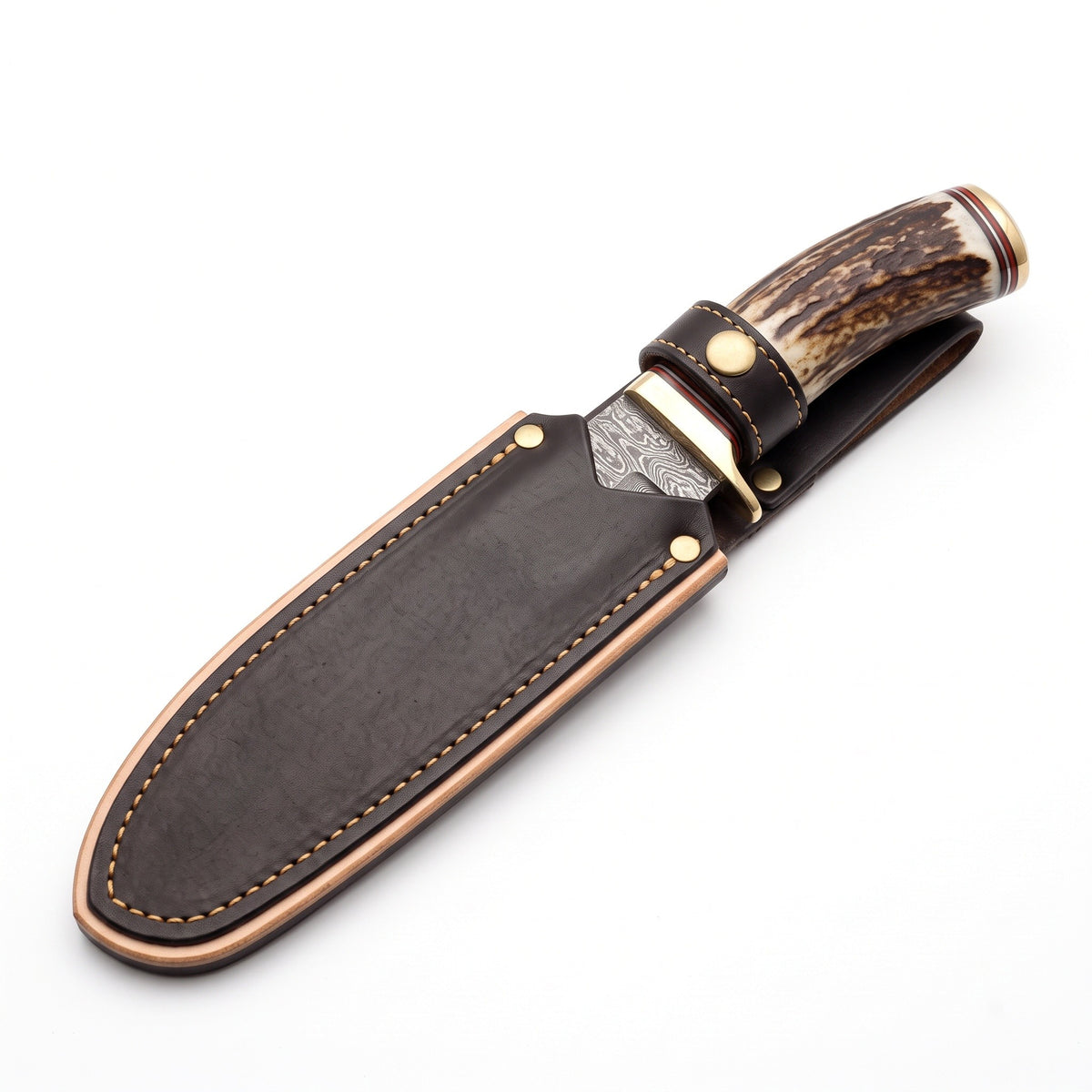Ridgeback 8" Damascus Hunting Knife | Stag & Brass, seated in the Crownridge sheath
