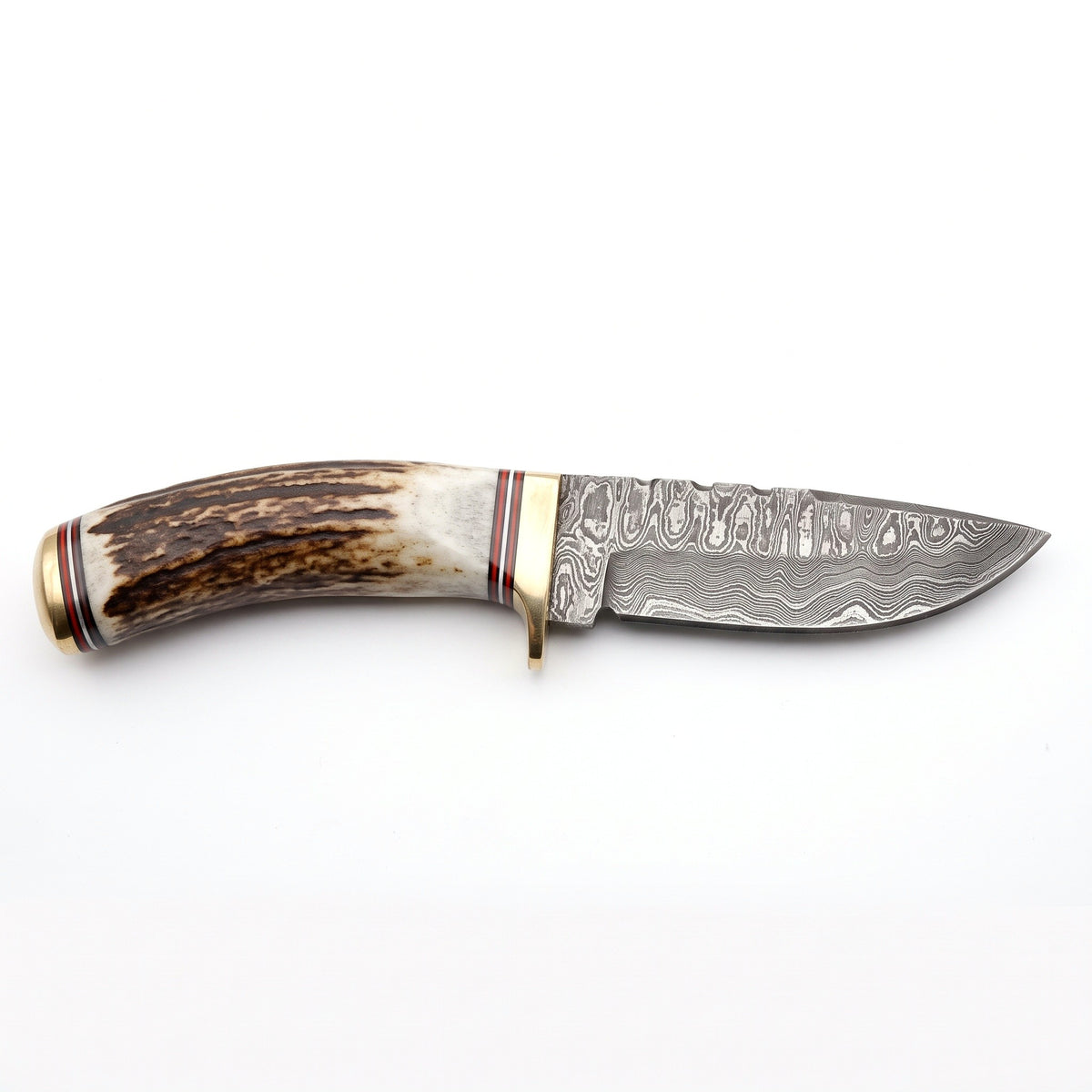 Ridgeback 8" Damascus Hunting Knife | Stag & Brass, side profile on white
