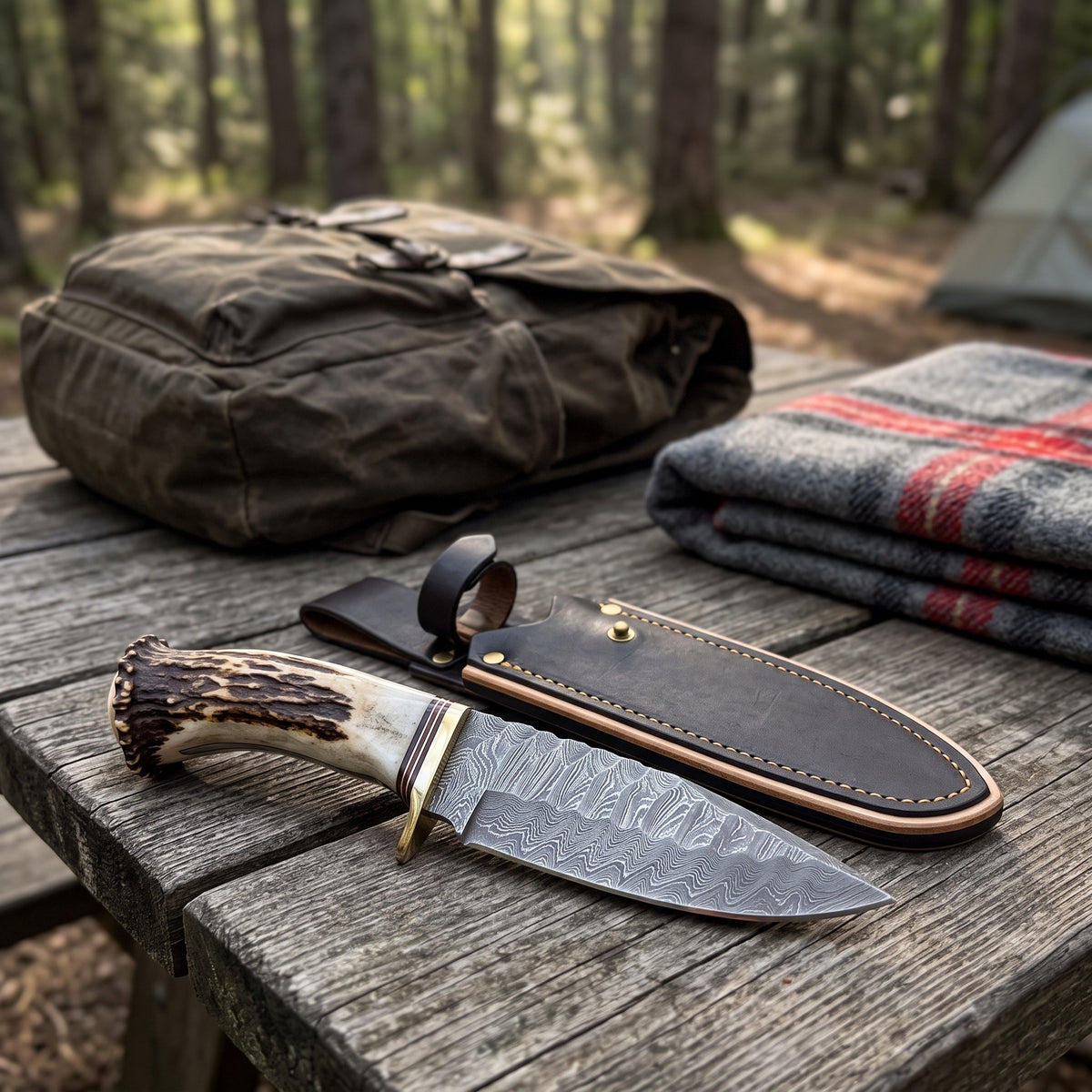 Ridgeback 9.2" Damascus Hunting Knife | Stag & Brass, with the Crownridge sheath in use