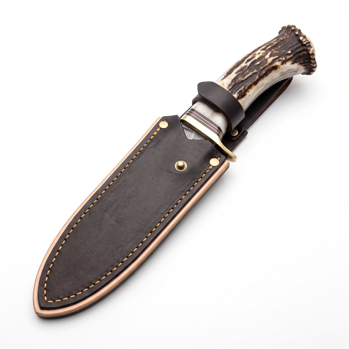 Ridgeback 9.2" Damascus Hunting Knife | Stag & Brass, seated in the Crownridge sheath