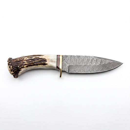 Ridgeback 9.2" Damascus Hunting Knife | Stag & Brass, side profile on white