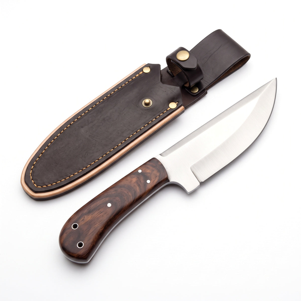 Ridgeback 9.5" Carbon Steel Hunting Knife | Walnut, three-quarter view with the Crownridge sheath