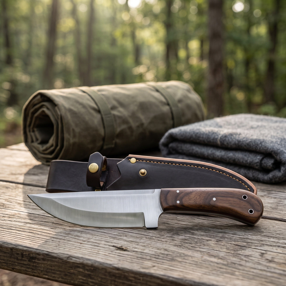 Ridgeback 9.5" Carbon Steel Hunting Knife | Walnut, with the Crownridge sheath in use