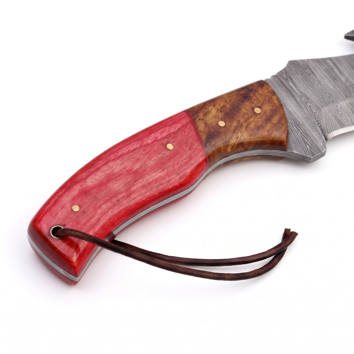 Ridgeback 9" Damascus Gut Hook Knife | Pakkawood, handle and fittings close-up