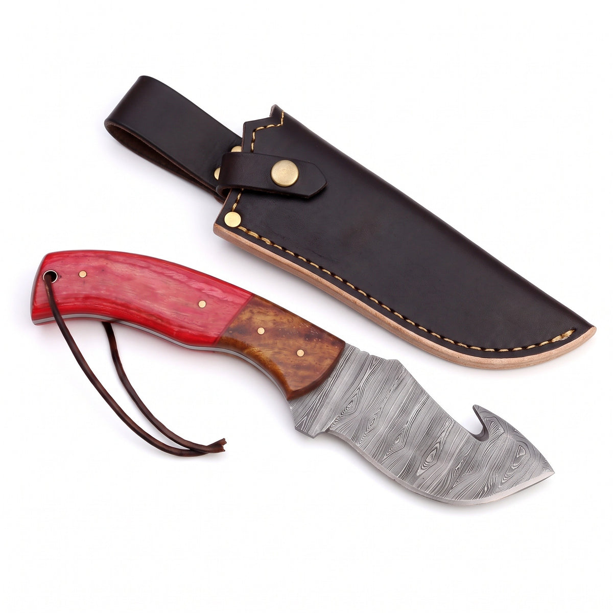 Ridgeback 9" Damascus Gut Hook Knife | Pakkawood, three-quarter view with the Crownridge sheath