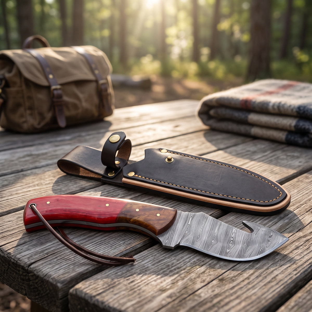 Ridgeback 9" Damascus Gut Hook Knife | Pakkawood, with the Crownridge sheath in use