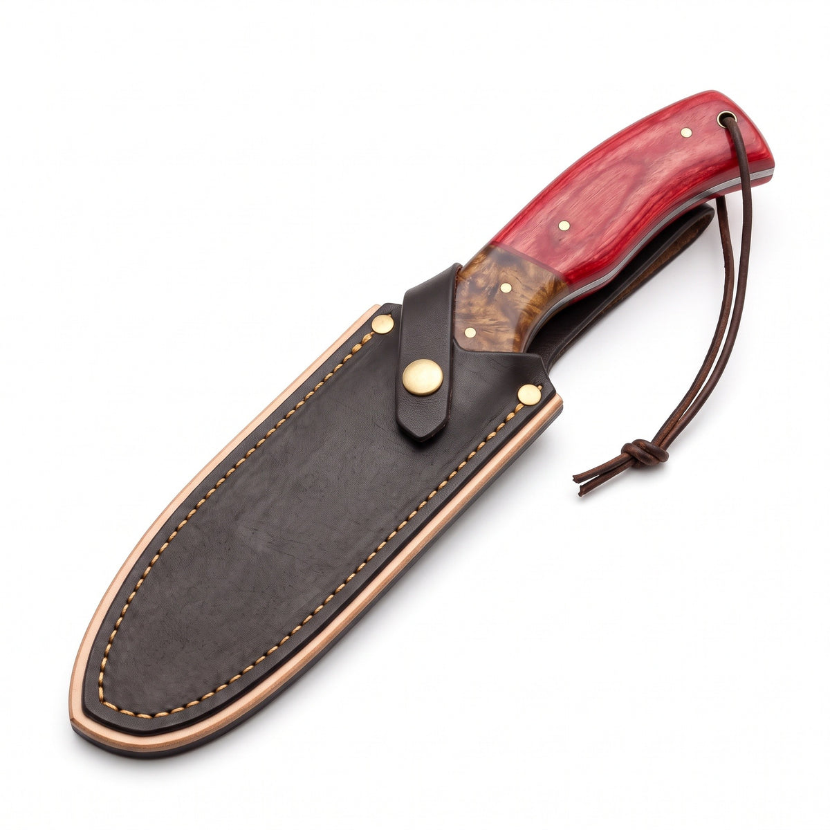 Ridgeback 9" Damascus Gut Hook Knife | Pakkawood, seated in the Crownridge sheath